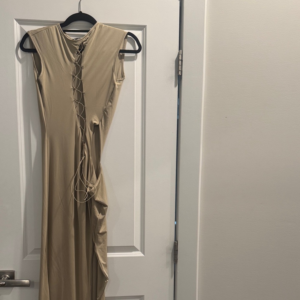 PrettyLittleThing Shape Taupe Slinky Cut Out Lace Up Split Maxi Dress